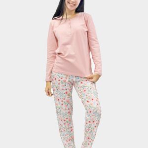 Pijama mujer punto fino largo con tapeta, camiseta lisa y pantalones estampados flores