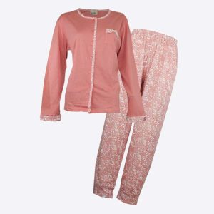Pijama mujer punto fino chaquetilla abierta por delante con bolsillo, pantalón y detalles estampado