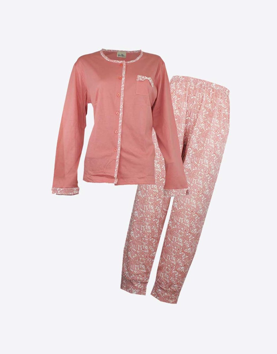 Pijama mujer punto fino chaquetilla abierta por delante con bolsillo, pantalón y detalles estampado - Imagen 2