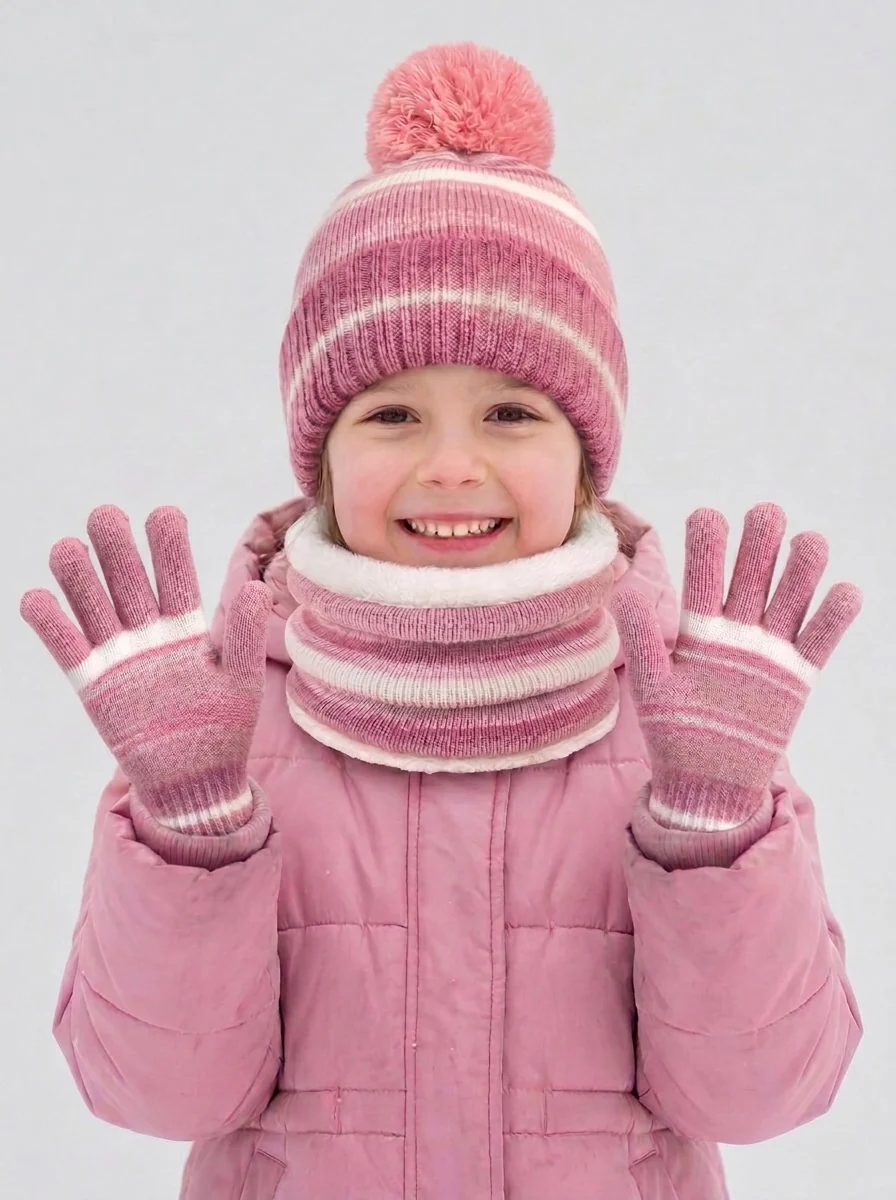 Kids Stripe Plush Pom Knit Hat Scarf Gloves Set - Imagen 4