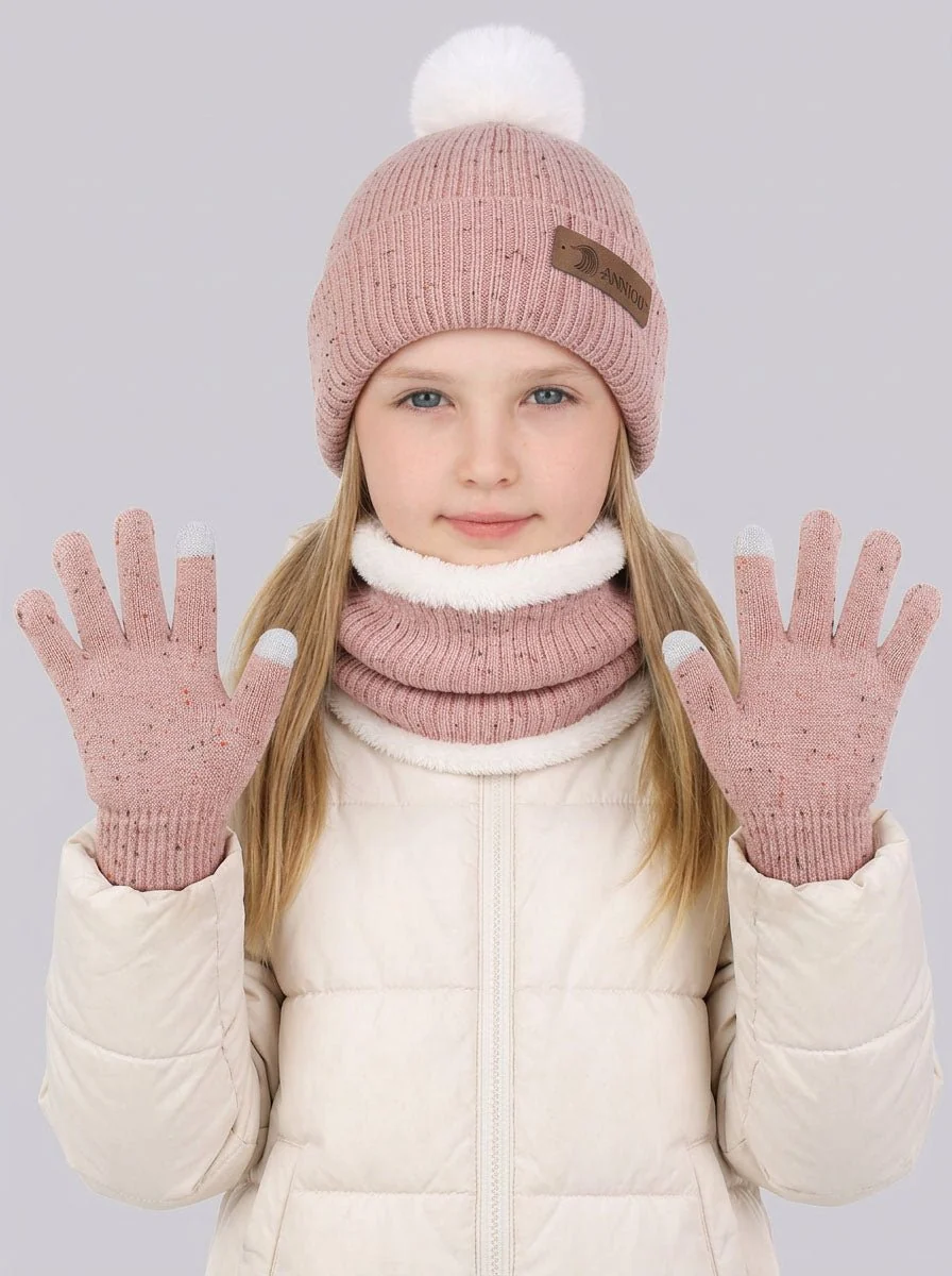 Kids Pom Pom Fleece Knit Hat Scarf Gloves Set - Imagen 5