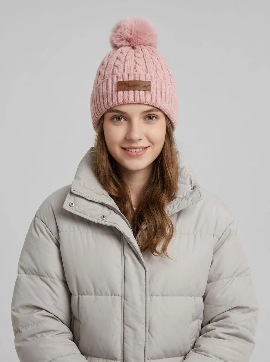 Women Cable Knitted Pom Beanie Hat - Imagen 4