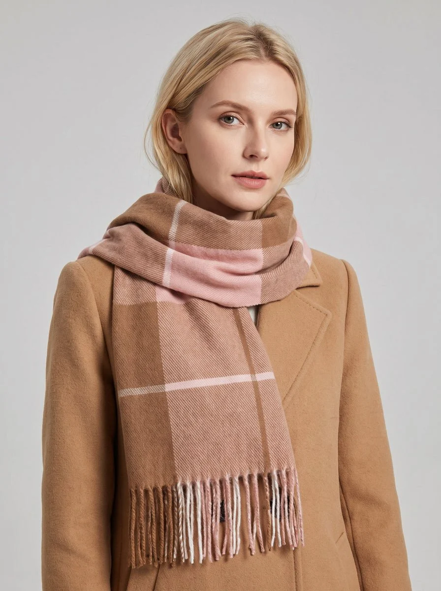 Women Checkered Tassel Scarf - Imagen 8