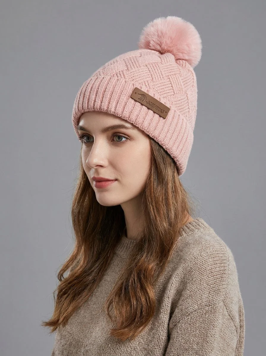 Women Grid Jacquard Pom Knit Beanie Hat - Imagen 5