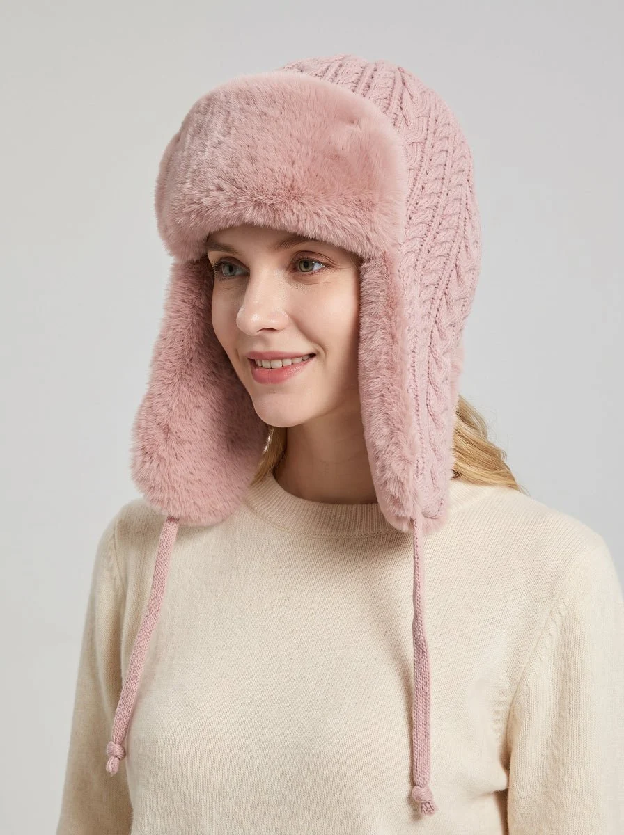 Women Knit Faux Fur Ear Flap Trapper Hat - Imagen 7