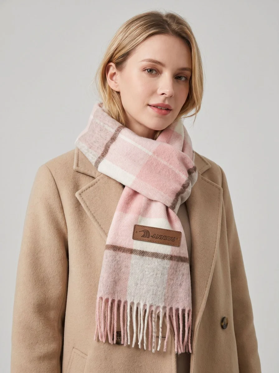 Women Pure Wool Tassel Checkered Scarf - Imagen 4