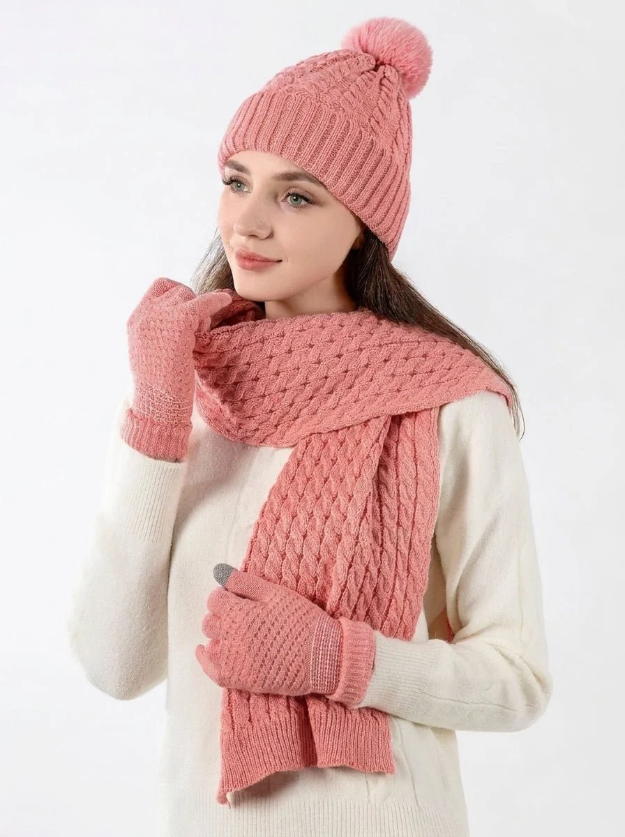 Women Twisted Cable Pattern Knit Hat Scarf Gloves Set - Imagen 5