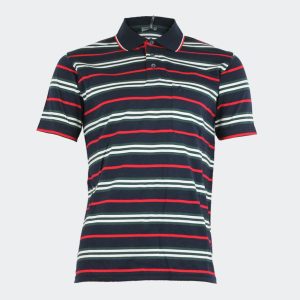Polo hombre punto con rayas rojas, crudas y verdes botella con fondo azul marino