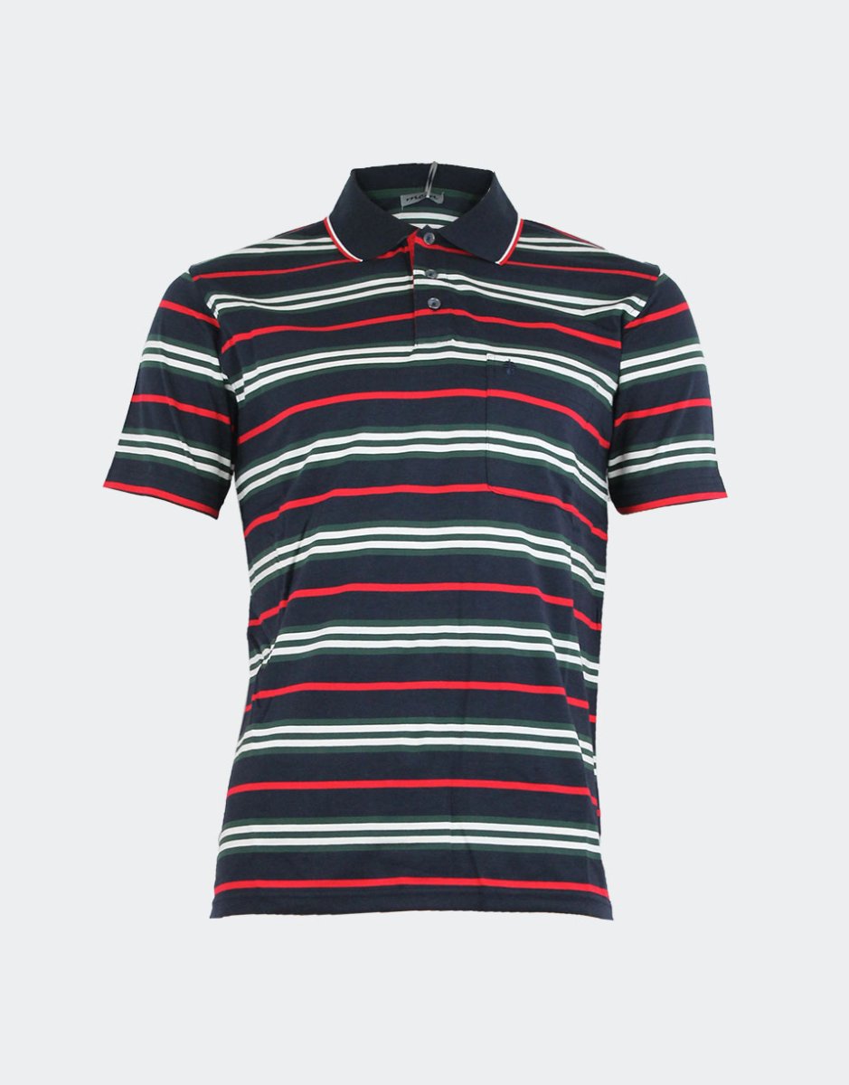Polo hombre punto con rayas rojas, crudas y verdes botella con fondo azul marino