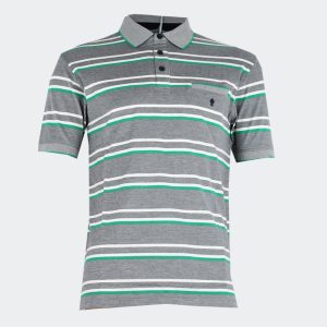 Polo hombre punto piqué  manga corta rayas verde crudo y fondo gris