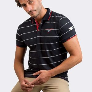 Polo hombre manga corta PRIVATA marino con rayas blancas y detalles en rojo