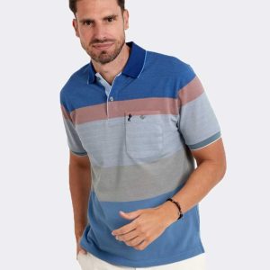 Polo hombre manga corta franjas anchas  colores azul, verdoso, beig y asalmonado