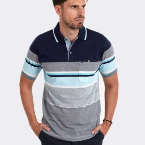 Polo hombre manga corta marino en la parte superior y parte inferior en franjas y rallas azules claros