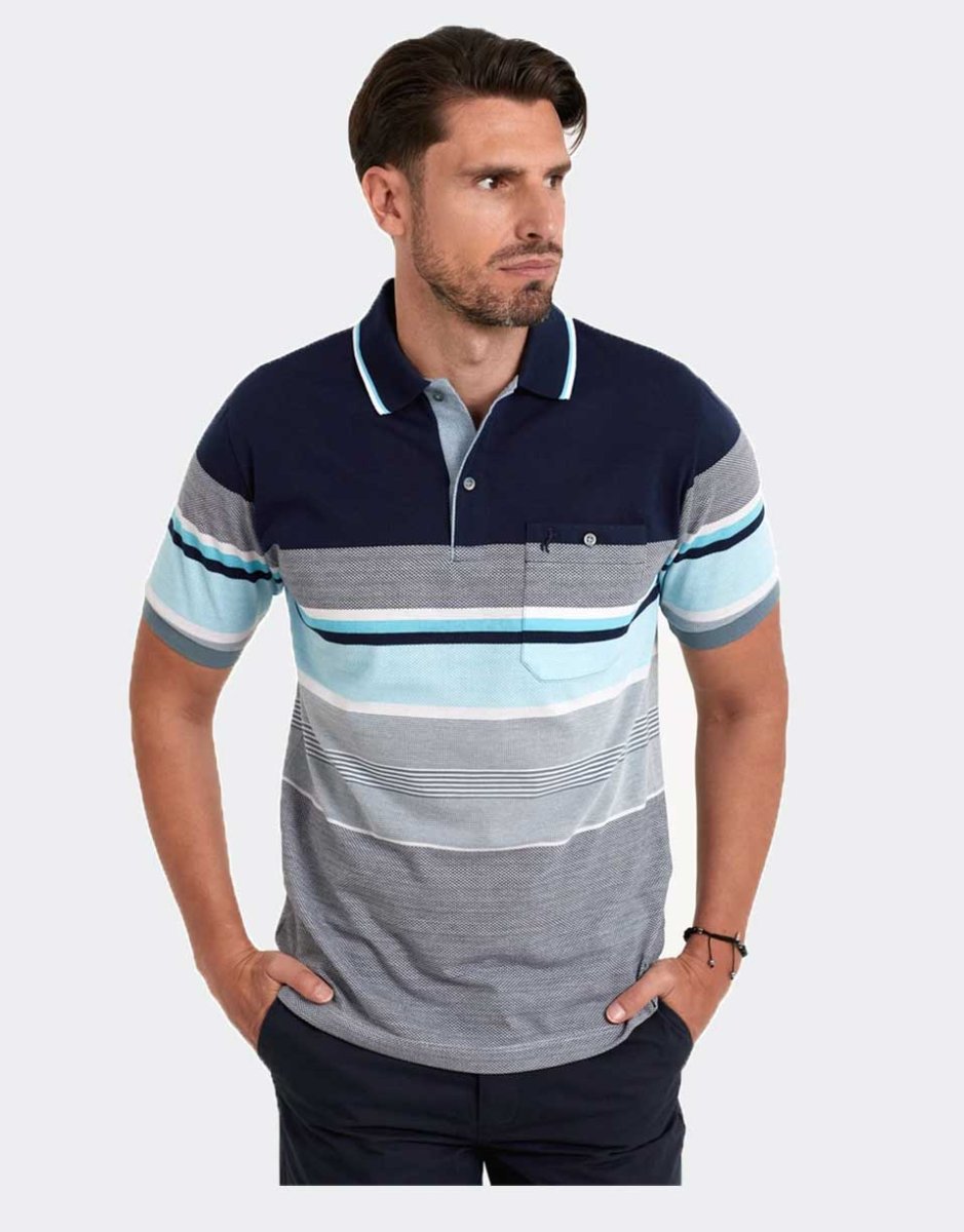 Polo hombre manga corta marino en la parte superior y parte inferior en franjas y rallas azules claros - Imagen 2