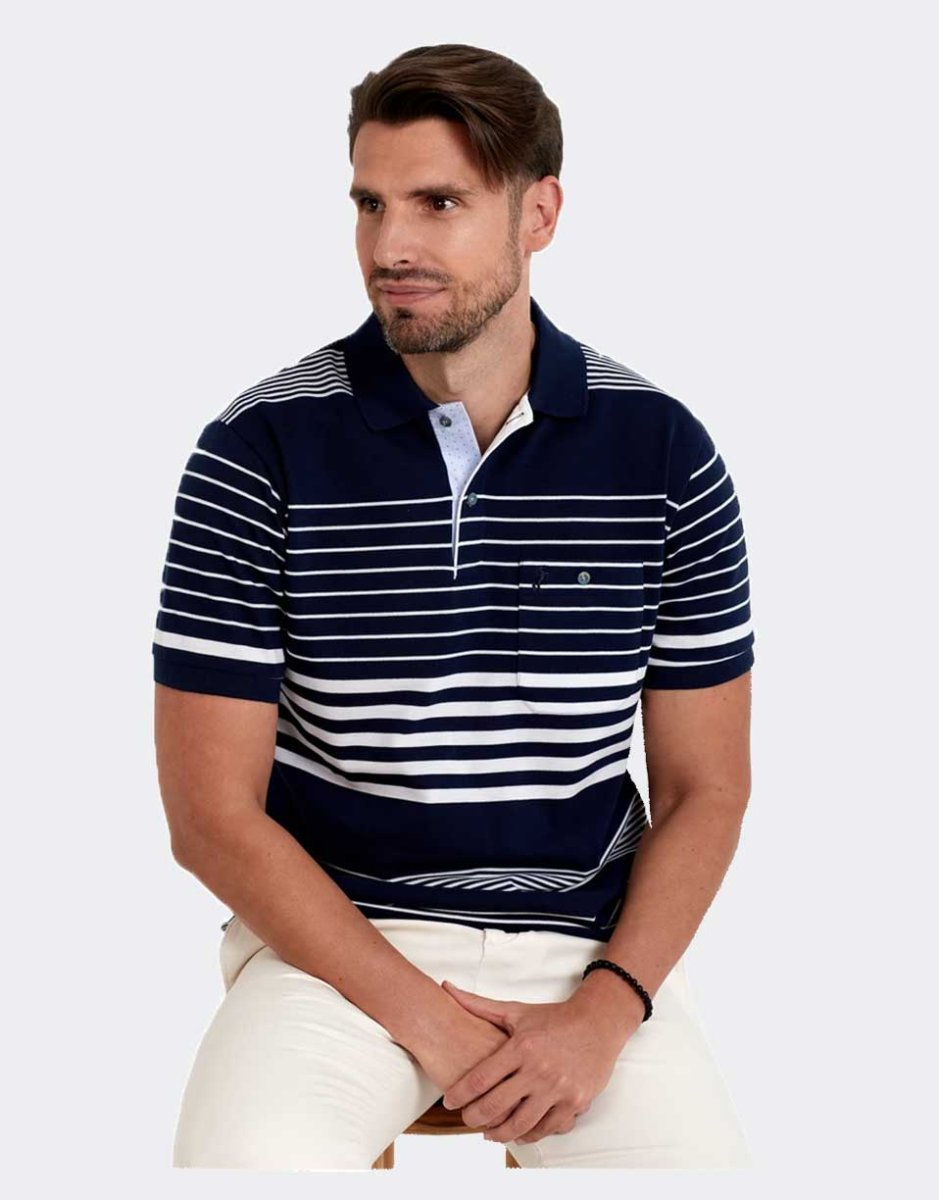 Polo hombre punto MANGA CORTA rayas de diferentes tamaños en blanco y marino - Imagen 2