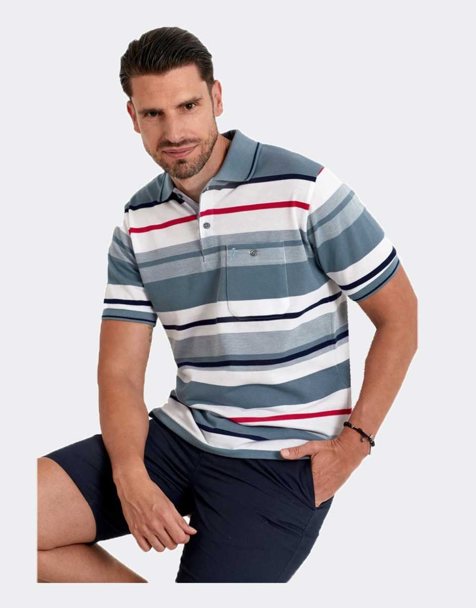 Polo hombre punto MANGA CORTA yayas diferenches anchos en blanco, marino, gris claro y rojo