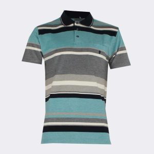 Polo hombre punto piqué MANGA CORTA rayas diferentes anchos y colores negro, crudo, turquesa y marino