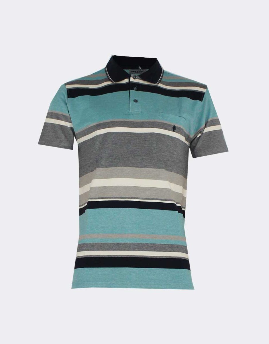 Polo hombre punto piqué MANGA CORTA rayas diferentes anchos y colores negro, crudo, turquesa y marino - Imagen 2