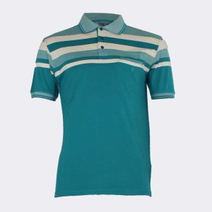Polo hombre punto piqué MANGA CORTA rayas en la parte superior en verde y crudo, parte inferior lisa