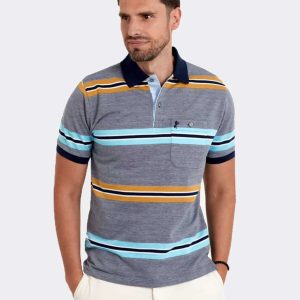 Polo hombre ‘trilíneas’ azul-marino y mostaza-marino punto MANGA CORTA