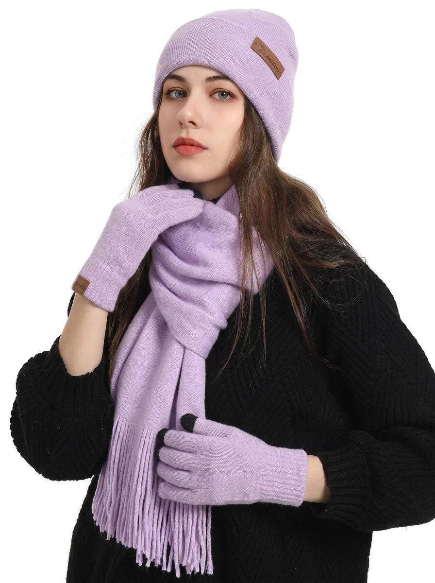 Women Soft Knitted Hat Scarf Glove Set - Imagen 9