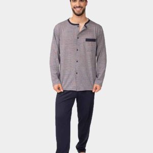 Pijama hombre punto fino LARGO, ABIERTO con cuello redondo y un bolsillo estampado geométrico pequeño