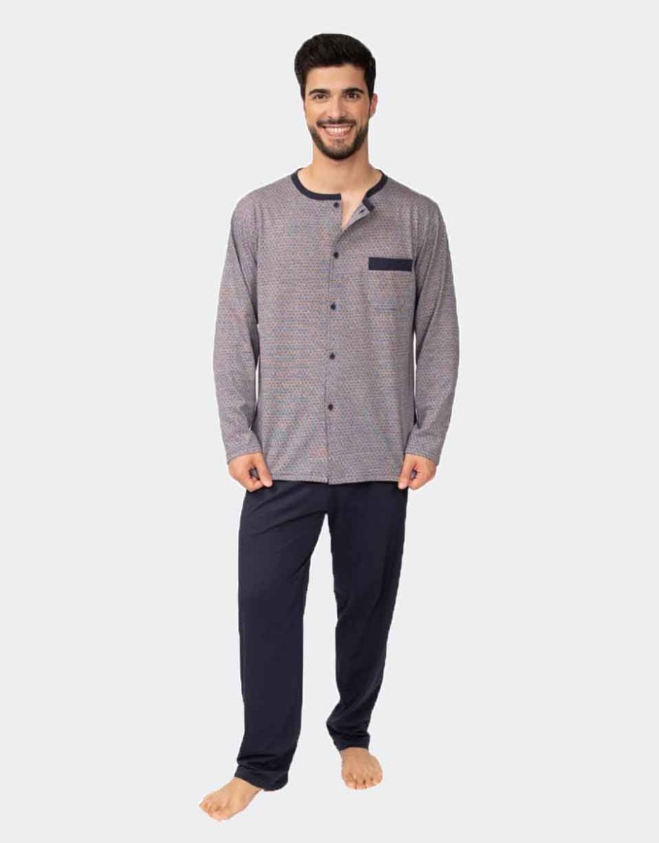 Pijama hombre punto fino LARGO, ABIERTO con cuello redondo y un bolsillo estampado geométrico pequeño