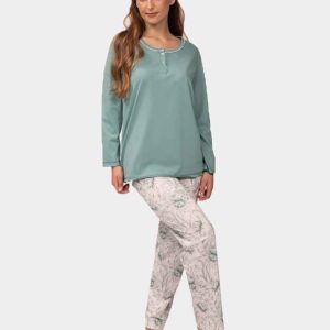 Pijama de mujer punto fino manga larga camiseta lisa con tapeta y pantalón estampado floral