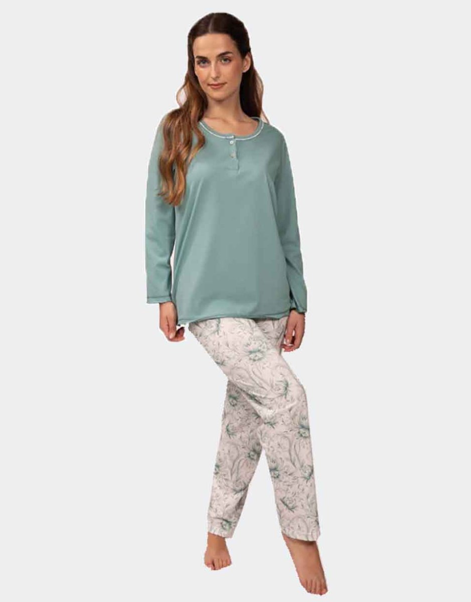 Pijama de mujer punto fino manga larga camiseta lisa con tapeta y pantalón estampado floral