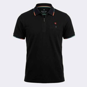 Polo manga corta con cremallera de hombre tejido piqué fresco color negro con bolsillo con detalle franja en cuello y mangas