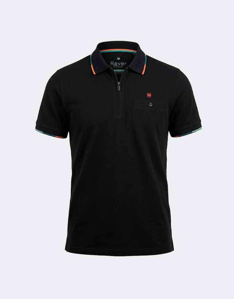 Polo manga corta con cremallera de hombre tejido piqué fresco color negro con bolsillo con detalle franja en cuello y mangas