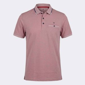 Polo tejido piqué fresco de hombre manga corta color rosado vigoré con bolsillo con detalle franja en cuello y mangas