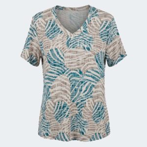 Camiseta mujer punto en manga corta escote pico estampado abstracto en marrón, azul y beige