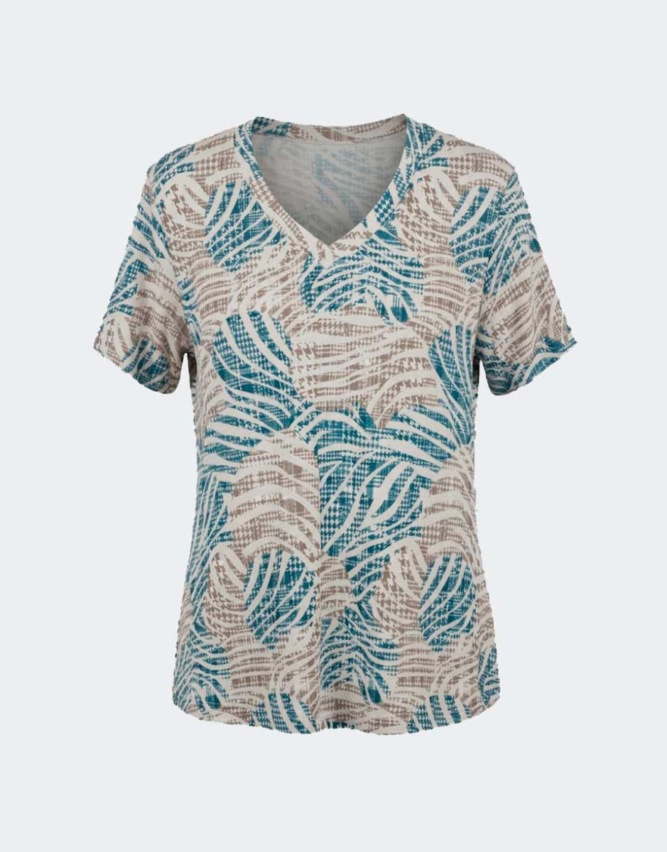 Camiseta mujer punto en manga corta escote pico estampado abstracto en marrón, azul y beige