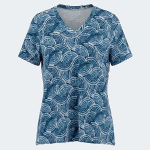 Camiseta manga corta mujer de punto escote pico estampado ‘media mándalas’ en azul y blanco