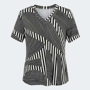 Camiseta mujer manga corta punto escote pico estampado líneas desiguales en blanco roto y negro