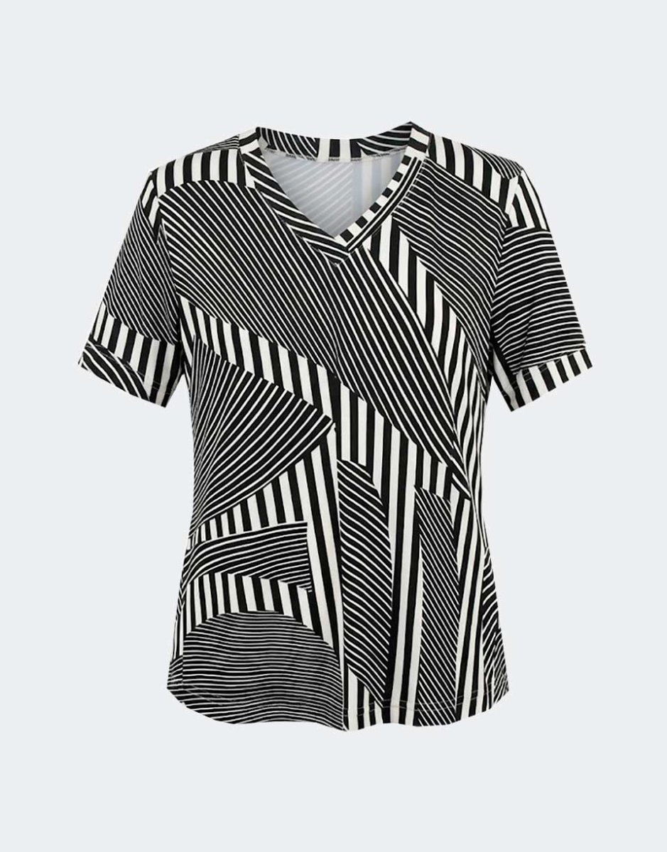 Camiseta mujer manga corta punto escote pico estampado líneas desiguales en blanco roto y negro - Imagen 2