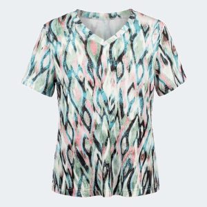 Camiseta manga corta mujer punto con escote en pico estampado rombos abstractos  a colores apastelados