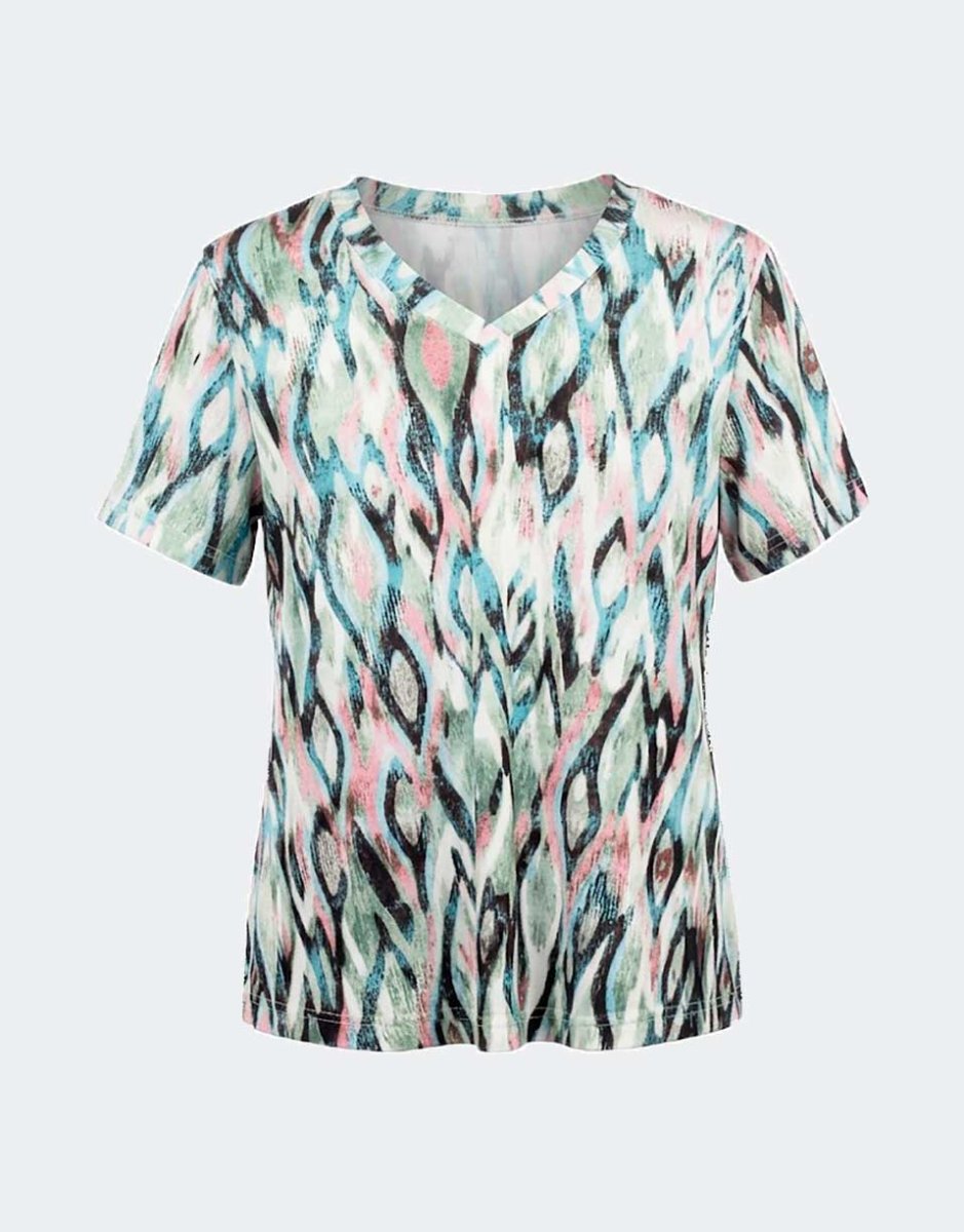 Camiseta manga corta mujer punto con escote en pico estampado rombos abstractos a colores apastelados - Imagen 2