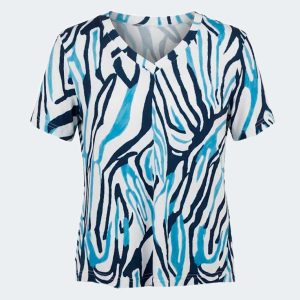 Camiseta manga corta de mujer punto escote pico estampado ‘cebra’ en azules