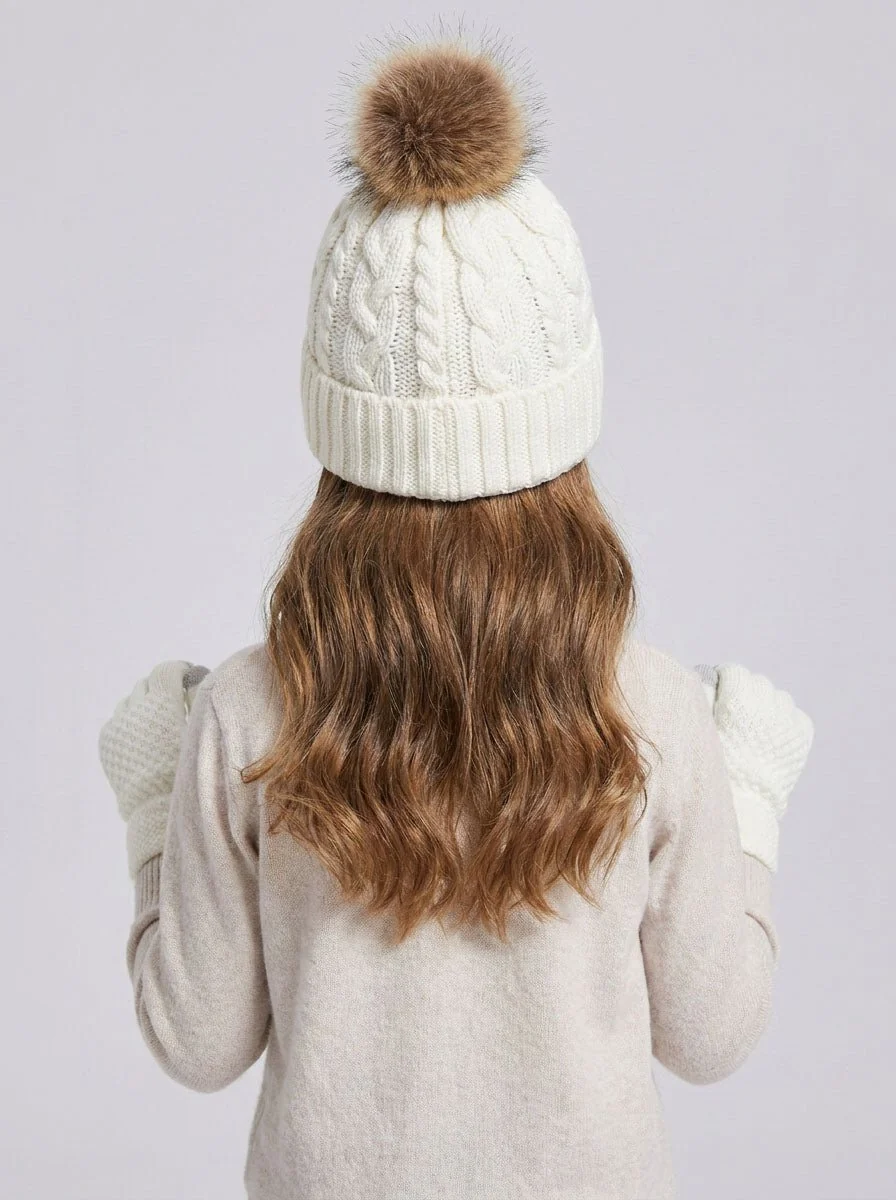 Kids Ear Flap Plush Pom Knit Hat Scarf Gloves Set - Imagen 3