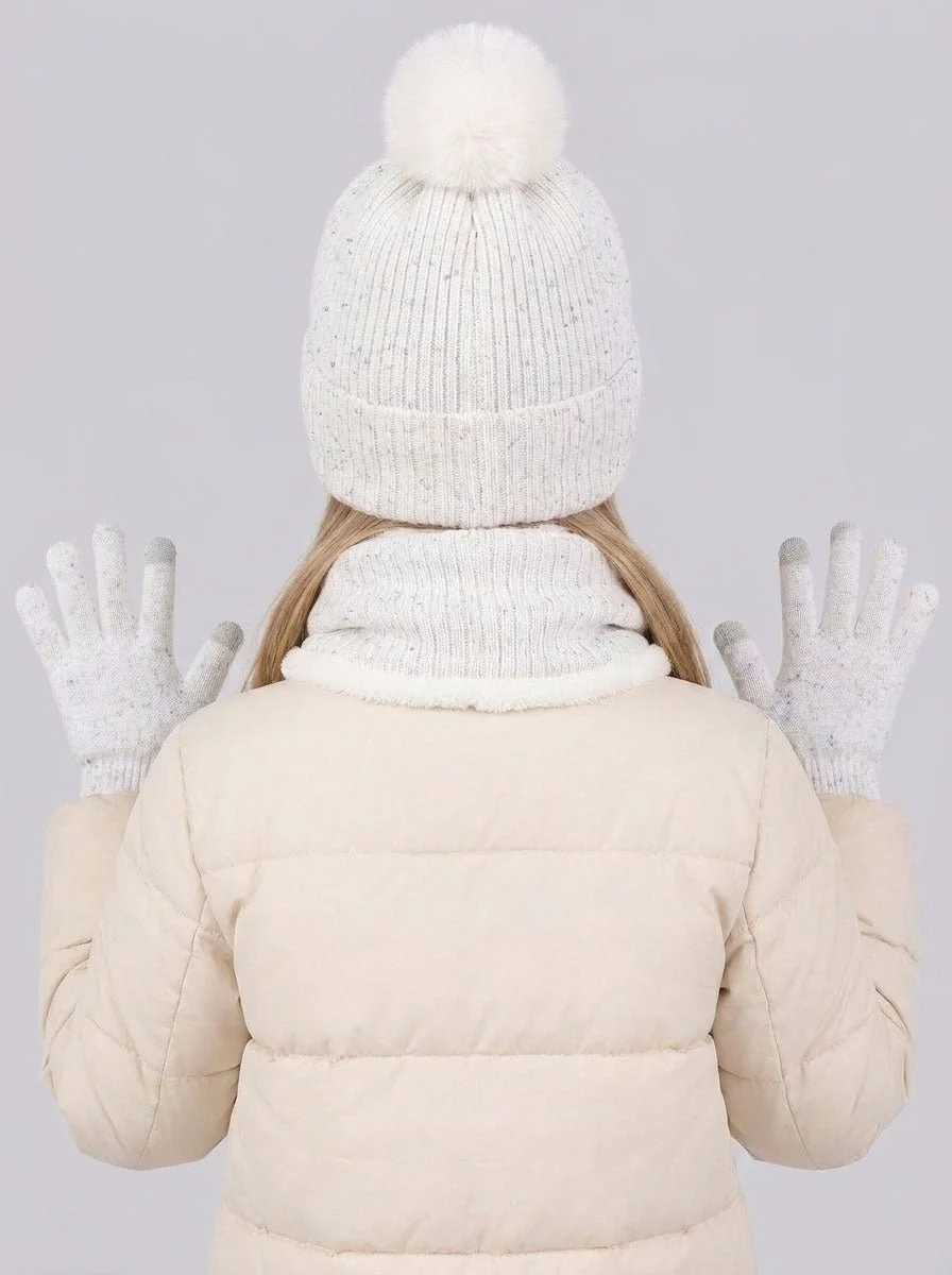 Kids Pom Pom Fleece Knit Hat Scarf Gloves Set - Imagen 3