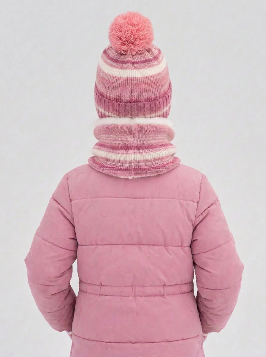 Kids Stripe Plush Pom Knit Hat Scarf Gloves Set - Imagen 3