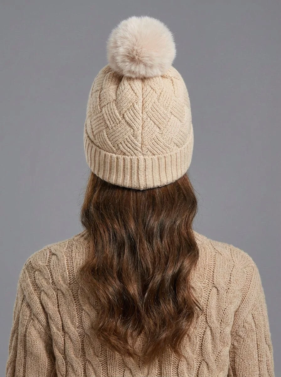 Women Grid Jacquard Pom Knit Beanie Hat - Imagen 3