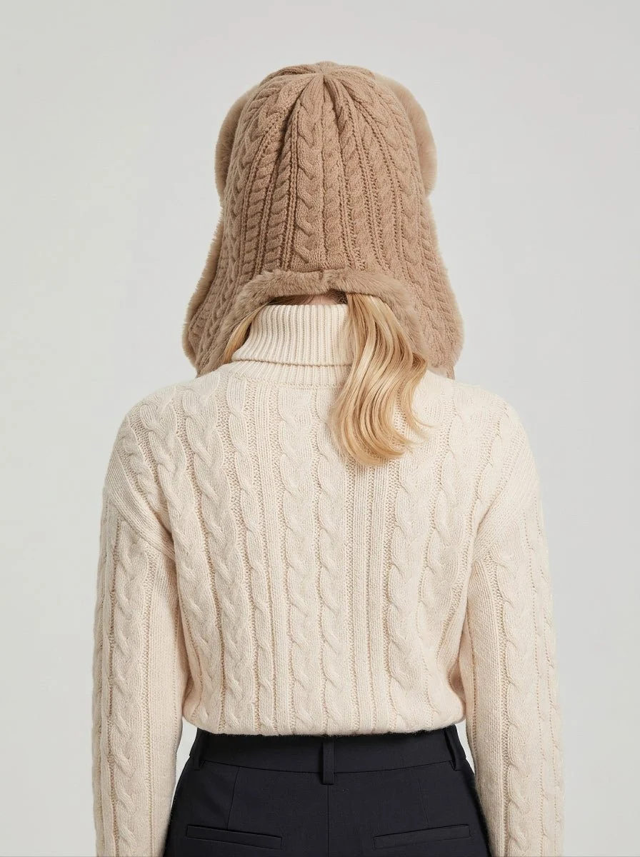 Women Knit Faux Fur Ear Flap Trapper Hat - Imagen 4