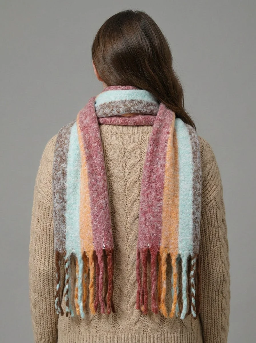 Women Soft Color Block Fringe Scarf - Imagen 3