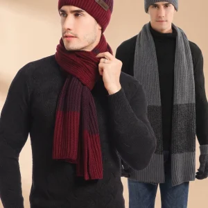 Men Color Block Rib Knit Hat Scarf  Gloves Set