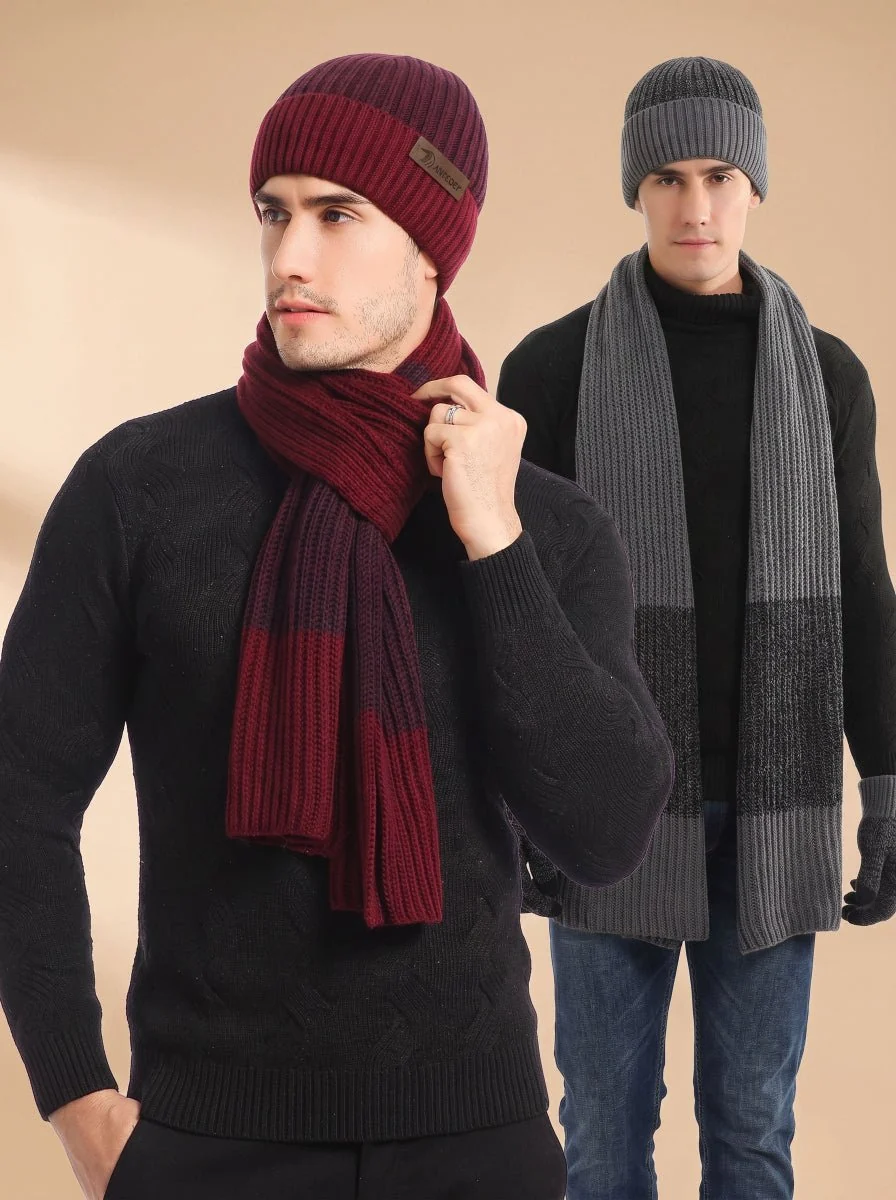Men Color Block Rib Knit Hat Scarf Gloves Set