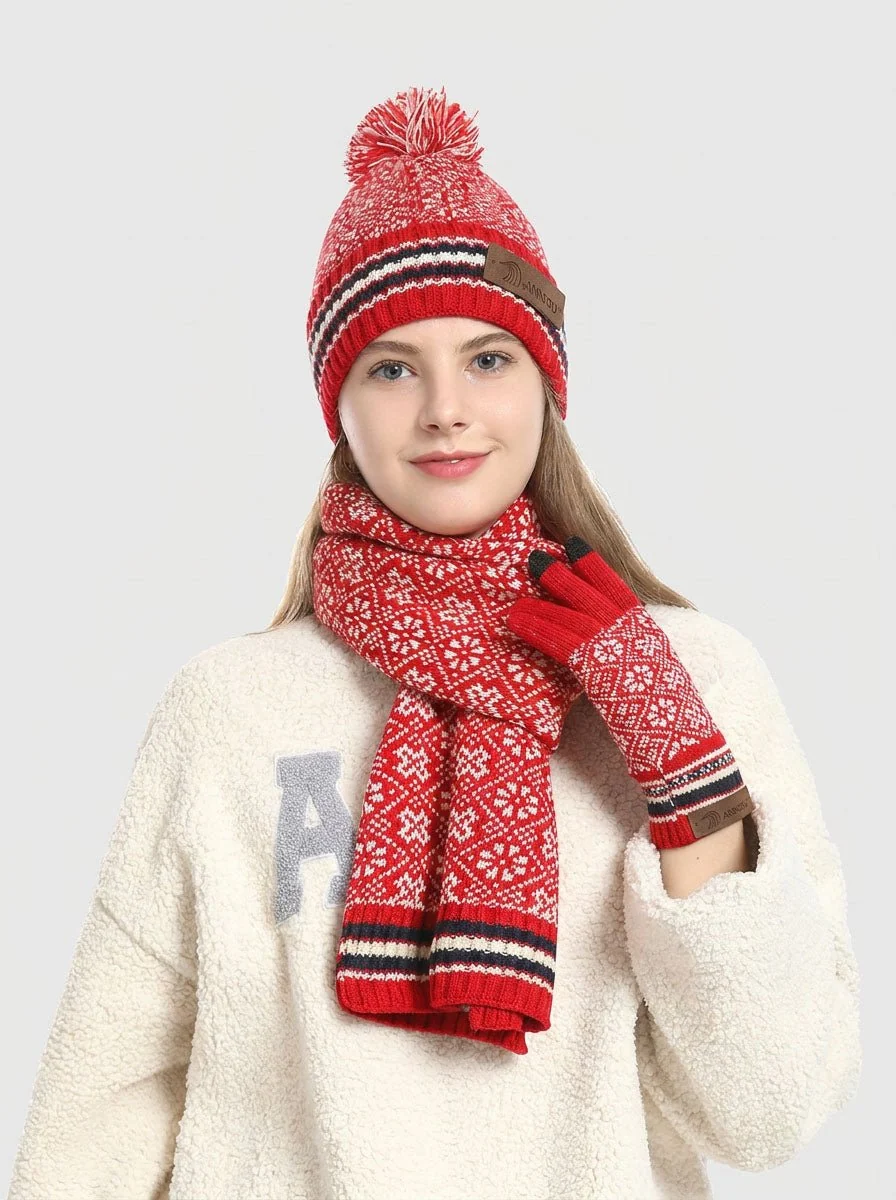 Vintage Jacquard Knit Hat Scarf Gloves Set - Imagen 8