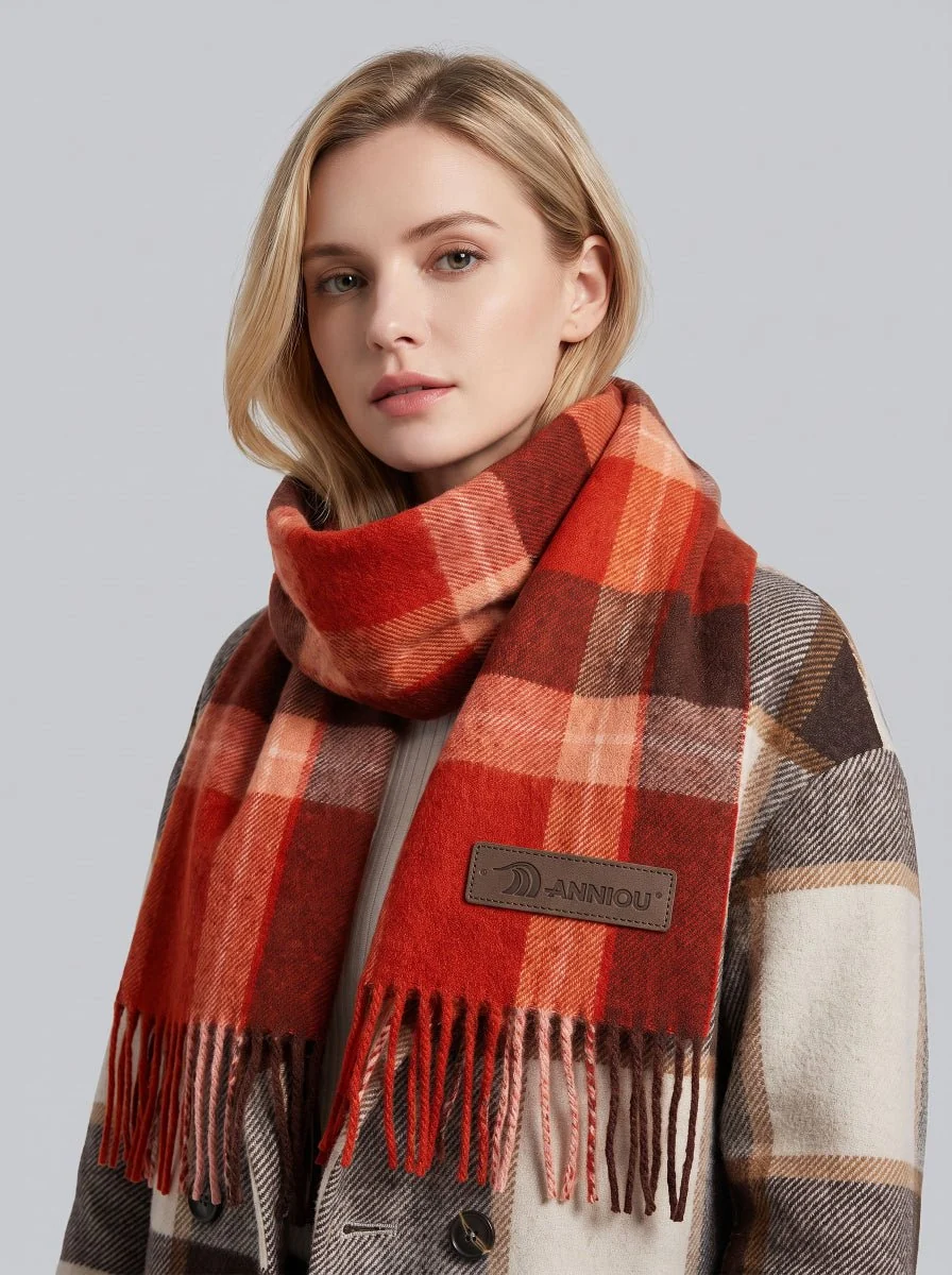 Women Pure Wool Tassel Checkered Scarf - Imagen 6
